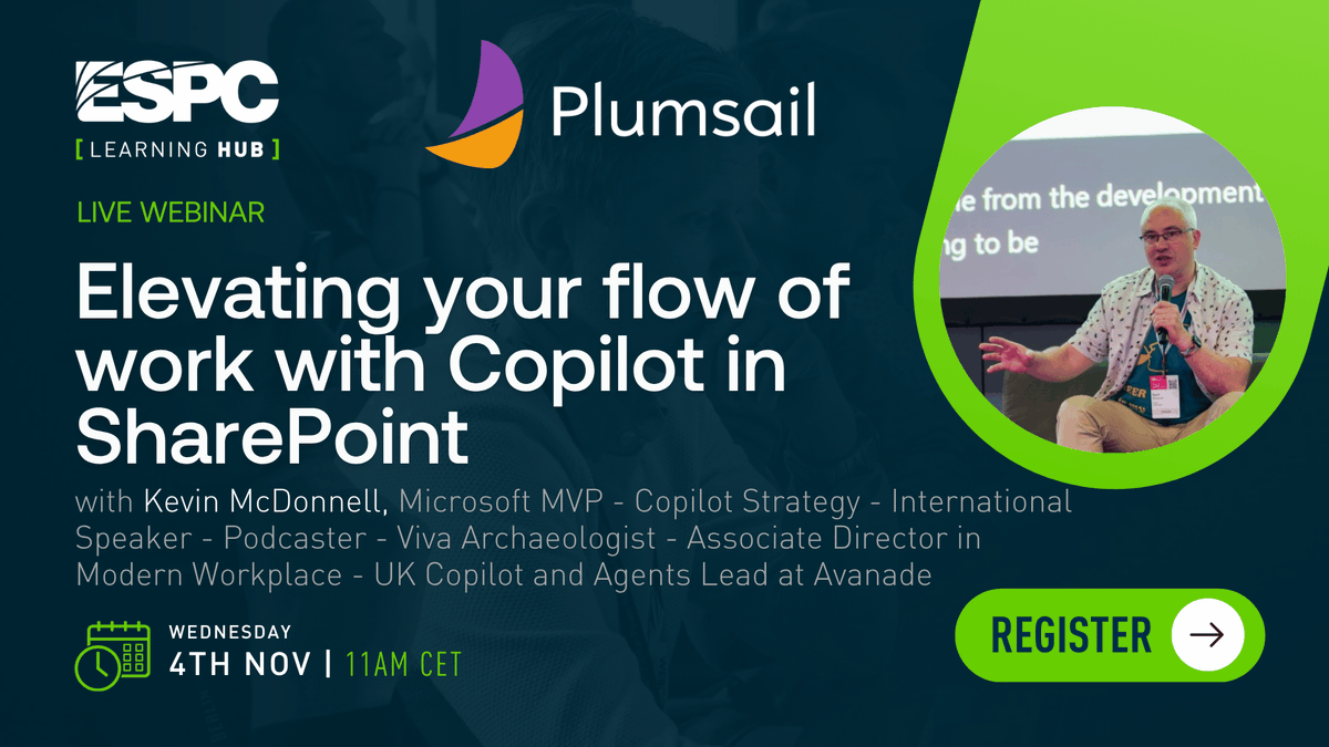 ESPC_Community's tweet photo. 4 Copilot demos. One smarter way to work in SharePoint.

How can Copilot actually improve your day-to-day work in SharePoint?

Join Kevin McDonnell during Microsoft SharePoint Week, sponsored by Plumsail, to see Copilot in action.

Kevin will demo:
🔹 Creating sites
🔹 Creating lists
🔹 Using Skills in SharePoint
🔹 Managing skills with a custom open-source web part

Plus, discover how Copilot can streamline everyday tasks, boost productivity and help your organisation get more from its Microsoft Copilot investment.

📅 4 November | 11:00 AM CET
🎟️ Register free: https://t.co/l5w0EtN5LJ