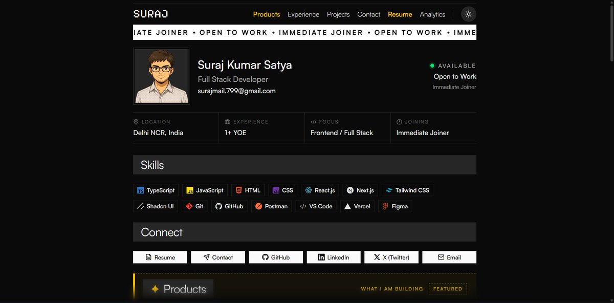 surajkumarsatya's tweet photo. Building fast, pixel-perfect UI experiences with React &amp; Next.js

Revamped my portfolio: https://t.co/z3PGDPeOdk

Currently open to Frontend / Full Stack opportunities (Immediate Joiner).

Let’s build something great together.

#OpenToWork #FrontendDeveloper #ReactJS #NextJS https://t.co/XsV5kn9omv