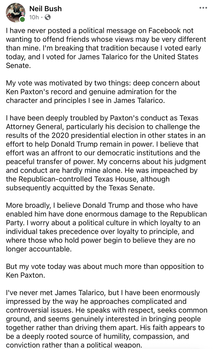 DeskofMattCone's tweet photo. For years the Bush/Cornyn wing told us we HAD to vote for the Republican, no matter what. Party unity. Hold your nose.

Now Neil Bush votes for a Democrat over Ken Paxton and says "character matters more than party."

Party loyalty was a rule for us, never for them. That's entitlement: they think the party belongs to them. Texas Republicans see it now.