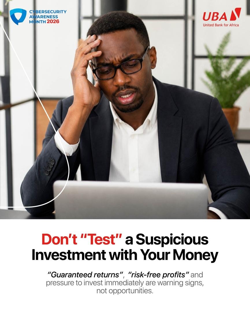 UBAGhanaLtd's tweet photo. Money is hard to come by. Don't fall for scams.
Stay alert and protect your money 💰
#CybersecurityAwarenessMonth #uba #AfricasGlobalBank https://t.co/rAYNQqP1pW