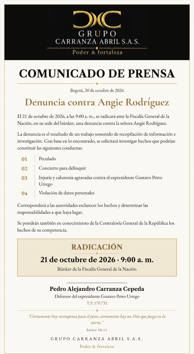 PactoCol's tweet photo. Rechazamos los señalamientos de Angie Rodríguez y su confabulación y construcción de una narrativa incriminatoria falsa contra el presidente @petrogustavo en favor de la derecha colombiana. Las diferencias políticas no pueden convertirse en condenas mediáticas. 

Acompañamos al abogado Pedro Felipe Carranza a interponer la denuncia para que los hechos sean investigados por las autoridades competentes. Toda denuncia debe sustentarse en pruebas y tramitarse con respeto al debido proceso.