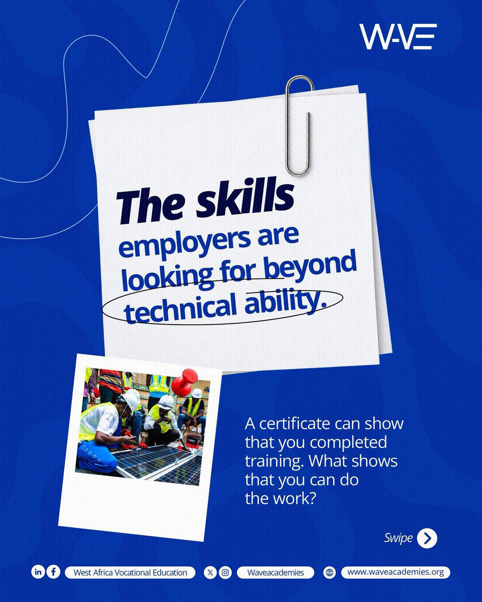 waveacademies's tweet photo. A certificate shows that you’ve completed training. But can you apply what you’ve learned, solve problems, adapt to change, and work effectively with others?

Because having a skill is important. Knowing how to use it is what makes the difference. https://t.co/Aqdzw7G4Hi