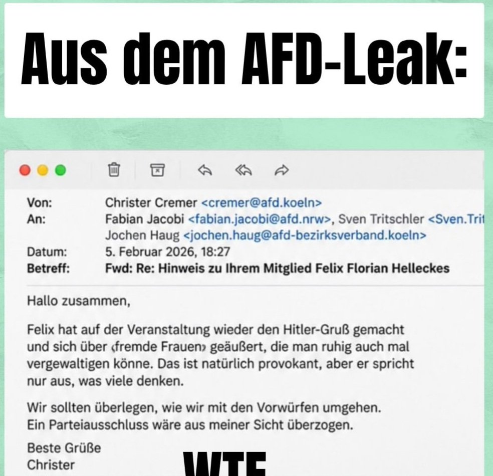 Adrian11192493's tweet photo. AfD:

Den Holocaust verleugnen, Hitlers Geburtstag feiern, Vergewaltigungsphantasien gegen Frauen, auf Migranten schiessen...

Was für eine kranke Partei!

@Alice_Weidel @Tino_Chrupalla @UlrichSiegmund @DrBerndBaumann @Frohnmaier_AfD https://t.co/HybQFmRYSN