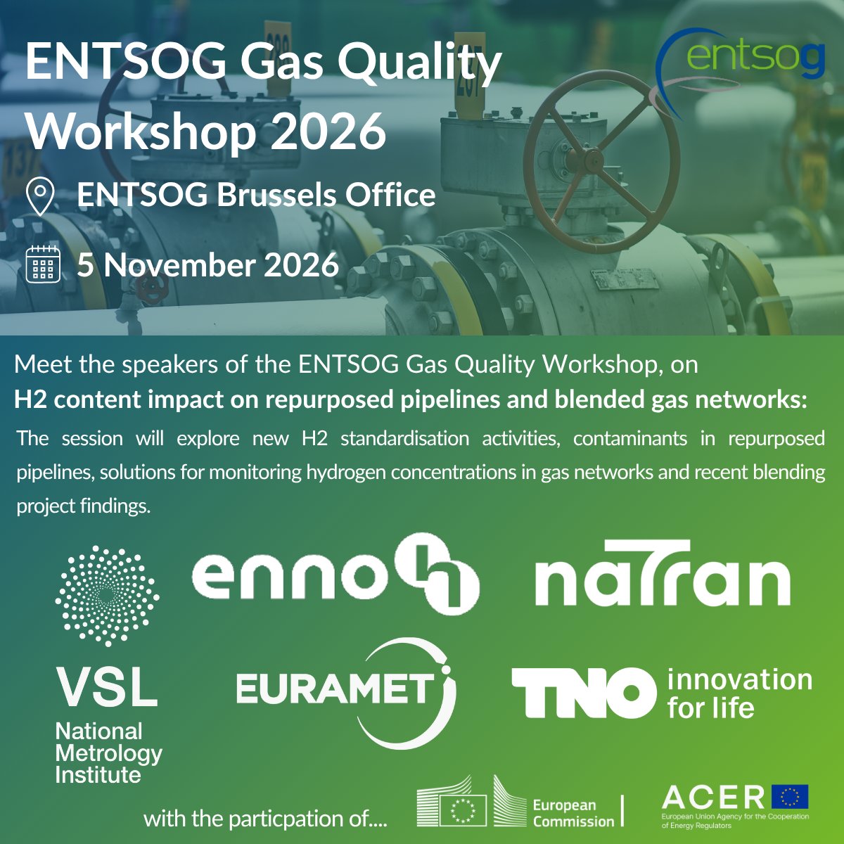 ENTSOG's tweet photo. 🎤Who's taking the stage at the ENTSOG Gas Quality Workshop 2026?

💧This week, we're introducing the speakers behind our session on #hydrogen content impact on #repurposed #pipelines and blended #gas #networks.

📅 5 November 2026 | Brussels & Online
🚶There is still time to join us in person in Brussels!

🔗Learn more and register here: https://t.co/coA1G92eO4

👇Meet the speakers who will share their experiences, latest findings, and perspectives on the evolving gas quality landscape.
