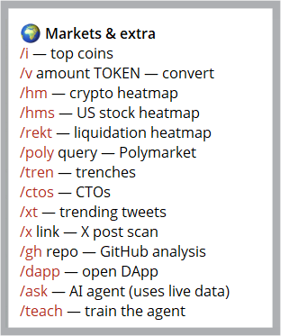 Vexlorebot's tweet photo. 🚀 VEXLOREBOT UPGRADE — MARKETS & EXTRA LIVE

New command set just dropped. One bot, full market stack.

/i                  → top coins
/v amount TOKEN     → convert
/hm                 → crypto heatmap
/hms                → US stock heatmap
/rekt               → liquidation heatmap
/poly query         → Polymarket
/tren               → trenches
/ctos               → CTOs
/xt                 → trending tweets
/x link             → X post scan
/gh repo            → GitHub analysis
/dapp               → open DApp
/ask                → AI agent (live data)
/teach              → train the agent

Paste a CA. Get the read.
Now you get the market too.

Bot → https://t.co/U66t6vAXrF

Clean, copy-paste ready. Drop it.
Dw8i5w3XCQqoUaYEphEaU5dzRw2mHyKpDqWmMPoJpump solana:Dw8i5w3XCQqoUaYEphEaU5dzRw2mHyKpDqWmMPoJpump