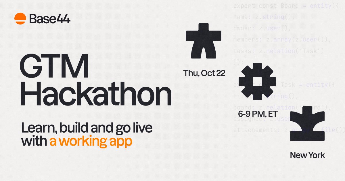 Base44's tweet photo. Our GTM Hackathon is coming to New York.

Sales, marketing and customer success leaders: bring a real process, describe the tool it needs and build it with your team.

Thursday, October 22, 6PM–9PM ET, Midtown West. https://t.co/y60qXJTsRH