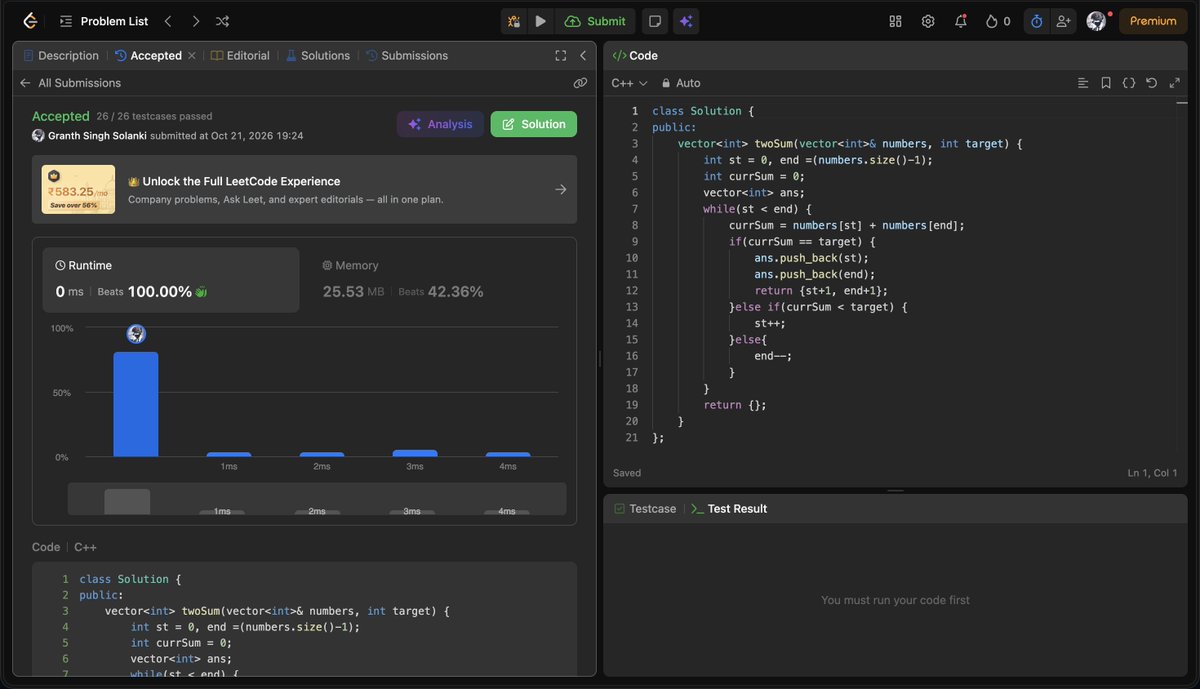 XGranthCoder's tweet photo. #Day_2 Solved --> #167. Two Sum II using C++.
⚡ Approach: Two Pointers
⏱️ Time: O(n) | Space: O(1)
Learning by solving... Improving by understanding... 🚀
#LeetCode #DSA #Cpp https://t.co/yDIjOT4MTZ