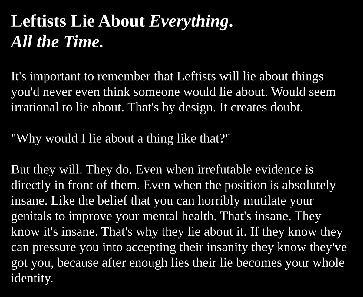 BlackDumpling's tweet photo. You're in the midst of a push by the Left to, once again, lie about everything.  Warn everyone.

Because... LEFTISTS LIE ABOUT EVERYTHING ALL THE TIME. THEY EVEN LIE ABOUT LYING....  even when they tell the truth they only do so in service to a greater lie...

*taps the sign* https://t.co/w9kU27XMf0