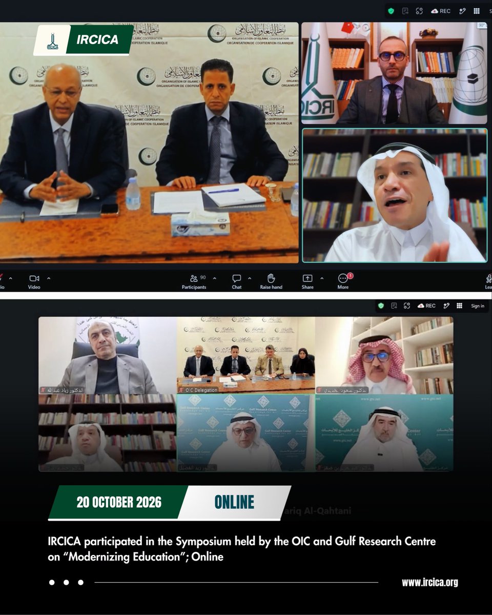 IRCICA's tweet photo. ✨IRCICA participated in the Symposium held by the OIC and Gulf Research Centre
on “Modernizing Education”; Online, 20 October 2026

The OIC General Secretariat, in cooperation with the Gulf Research Center in the Kingdom of Saudi Arabia, held a virtual Symposium entitled "Education: From the Mahadhir and the Hijar to Current Reality", on 20 October 2026. The Symposium was addressed on behalf of the General Secretariat, by Dr. Hussein Rhazoui, Director of the Department of Cultural Affairs at the OIC General Secretariat. It was held in presence of Dr. Ahmed Said Ould Bah, Director General of the Cabinet of the Secretary General, and specialists in educational policy and cultural affairs from different countries and organizations. IRCICA was represented, on behalf of Director General Prof. Dr. Mahmud Erol Kılıç, by Dr. Attallah Rawashdeh, Assistant Head of Research and Publications, IRCICA.

✨İİT ve Körfez Araştırmaları Merkezi tarafından düzenlenen
"Eğitimin Modernleştirilmesi" konulu sempozyuma IRCICA’nın katılımı; Çevrimiçi, 20 Ekim 2026

İİT Genel Sekreterliği ile Suudi Arabistan Krallığı'ndaki Körfez Araştırmaları Merkezi işbirliğiyle 20 Ekim 2026’da "Eğitim: İlk Ders Halkaları Mahadir ve Hicar’dan Günümüzün Gerçeğine" başlıklı çevrimiçi bir sempozyum düzenlendi. Genel Sekreterlik adına İİT Kültür İşleri Dairesi Başkanı Dr. Hussein el-Rhazoui’nin konuşma yaptığı Sempozyuma Genel Sekreter’in Özel Kalem Direktörü Dr. Ahmed Said Ould Bah ile çeşitli ülkelerden ve kuruluşlardan uzmanlar katıldı. IRCICA, Genel Direktör Prof. Dr. Mahmud Erol Kılıç adına Araştırma ve Yayınlar Bölümü Başkan Yardımcısı Dr. Attallah Rawashdeh tarafından temsil edildi.