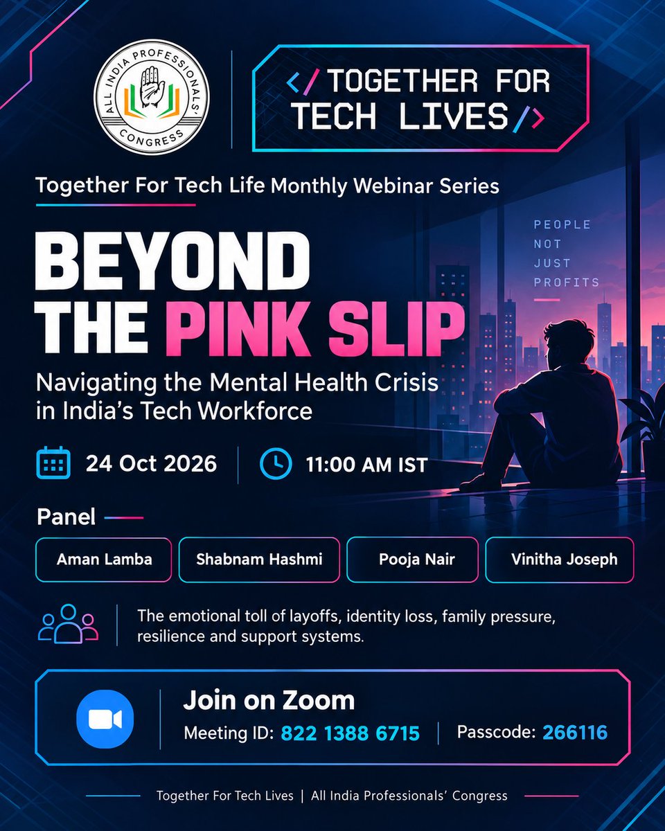 aipc4techlives's tweet photo. A pink slip ends a job.
Its impact can last much longer.
Job loss can affect identity, confidence, family life and mental health.

On 24 Oct, TFTL goes Beyond the Pink Slip with Aman Lamba, @ShabnamHashmi, Pooja Nair &amp; Vinitha Joseph.

🗓️ 11 AM IST
🔗 https://t.co/gPbNAVnBdj https://t.co/QXZWjruu1F