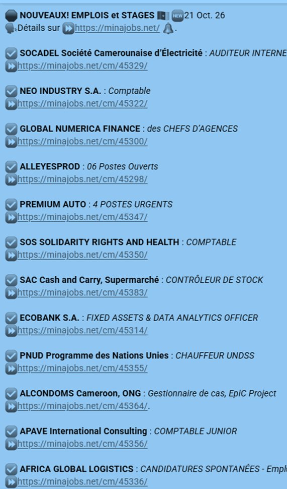 MinaJobs1's tweet photo. 🛑 NOUVEAUTÉS! EMPLOIS et STAGES 🇨🇲 21 Octobre 2026🆕
Consultez le site Internet 👉https://t.co/yXgDSHWrZY pour les détails.
D'autres offres via 👇👇 
✅ Chaine WhatsApp : 👉https://t.co/FFDGKfEOxb https://t.co/JBlPMnerSE