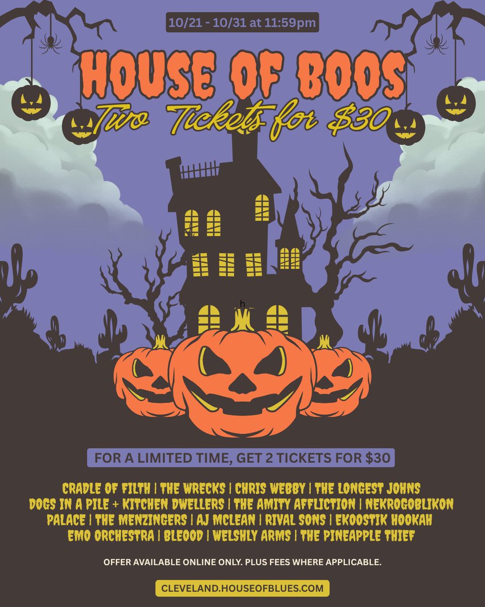 HOBCleveland's tweet photo. Two tickets for $30? That's scary good. 🧟‍♂️ Grab your favorite ghoul and snag tickets to a select number of shows this fall. 👻

🎫 https://t.co/VUvec4Fzlx

Offer ends 10/31 at 11:59pm. Valid online only while supplies last. Plus taxes + fees where applicable. https://t.co/H9AoLAzliH