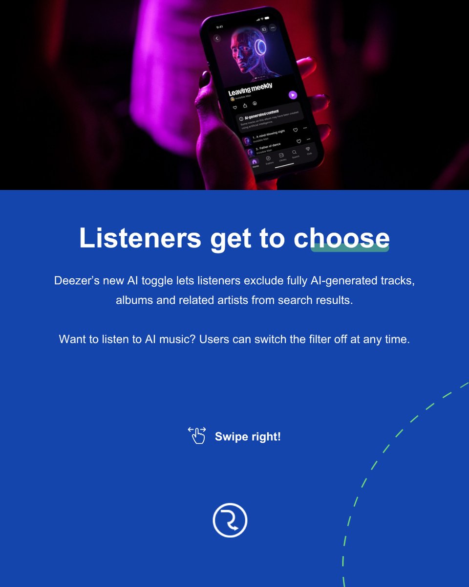 routenote's tweet photo. Deezer is giving listeners more control over AI-generated music, as streaming platforms look for ways to improve transparency and tackle streaming fraud.

What does the update mean for independent artists? Swipe to find out🎧 https://t.co/QZkij6avlA