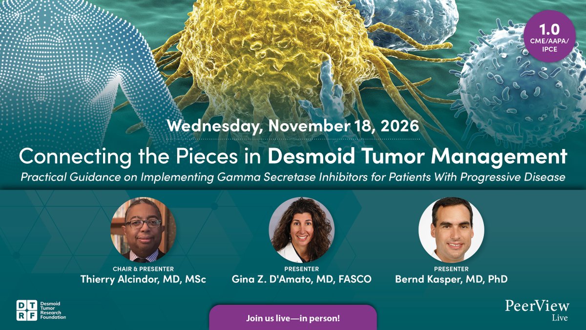 PeerView's tweet photo. Get current on how contemporary imaging, diagnostic workups, and the latest clinical data and guidelines on gamma secretase inhibitors are reshaping decisions around desmoid tumors with Drs. Alcindor (@Thalcin), D'Amato (@GinaDAmatoMD1), and Kasper in #DesmoidTumors on 11/18 at 7:30 PM KST: https://t.co/HhMTMFQ0wd

Thank you to our partner @DTRFoundation and educational grant supporters @Immunome and Springworks Therapeutics.

#CTOS2026 #Oncology #MedEd