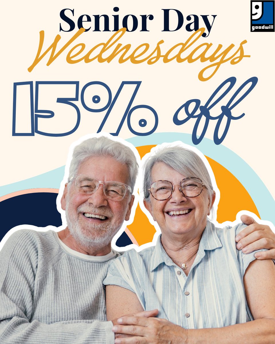 GoodwillNIL's tweet photo. 𝐒𝐞𝐧𝐢𝐨𝐫 𝐃𝐢𝐬𝐜𝐨𝐮𝐧𝐭 𝐖𝐞𝐝𝐧𝐞𝐬𝐝𝐚𝐲 𝐢𝐬 𝐡𝐞𝐫𝐞!
Seniors 60+ get 𝟏𝟓% 𝐨𝐟𝐟 their entire purchase today (and every Wednesday).
Thank you for being such an important part of our community—we appreciate you!
Stop in and save today!

#goodwill #seniorday #thrift #goodwillnorthernil