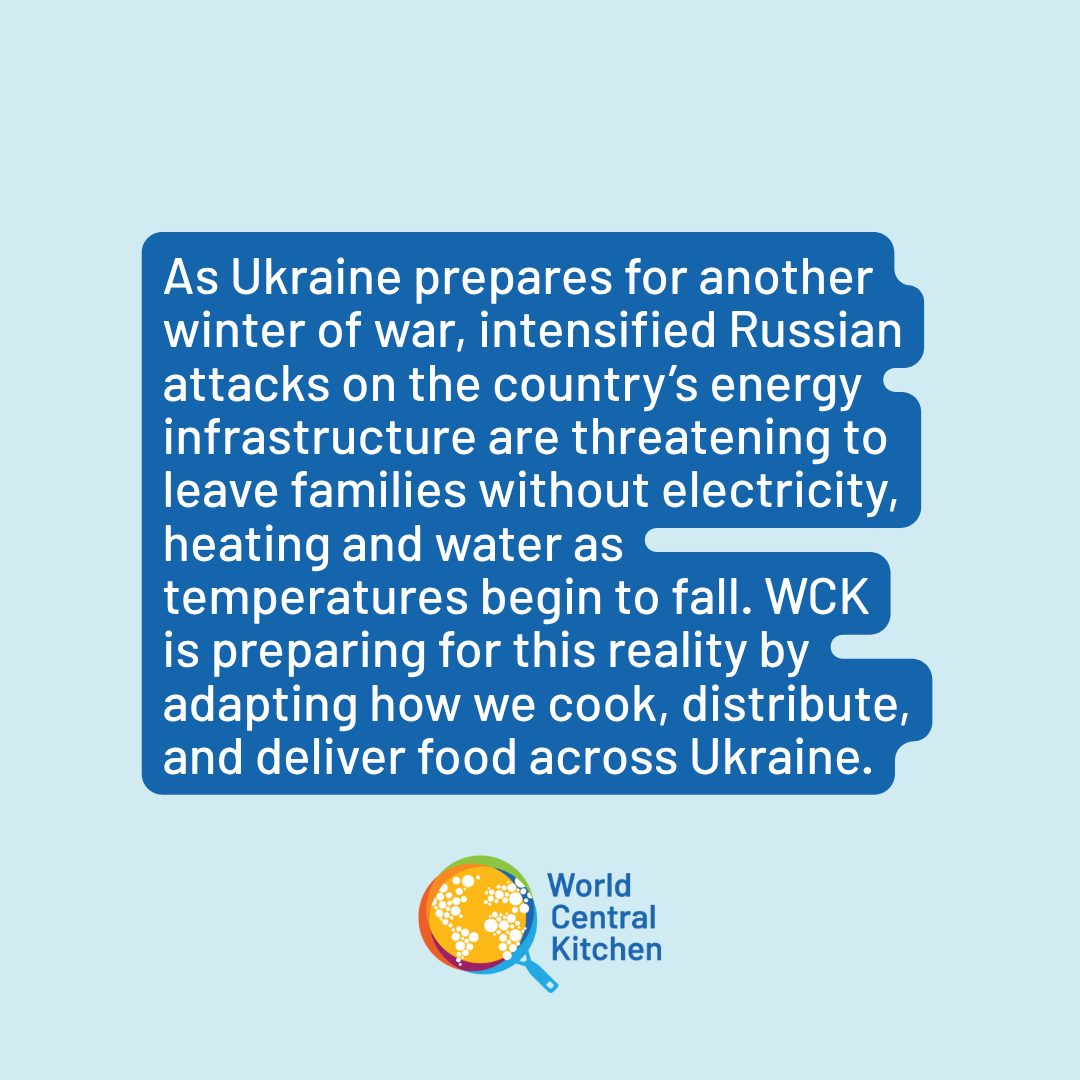 WCKitchen's tweet photo. For millions of Ukrainians, the threat this winter extends far beyond the frontlines. A single attack on essential services can leave entire neighborhoods without the ability to cook, heat their homes, or access basic services.

From alternative cooking methods that do not require electricity or gas to new distribution points, WCK's #ChefsForUkraine teams are preparing to reach people even when power outages, damaged infrastructure and security conditions make traditional food distribution impossible.

Read more about our efforts to support Ukrainians this winter: https://t.co/CaNrwzaqlN
