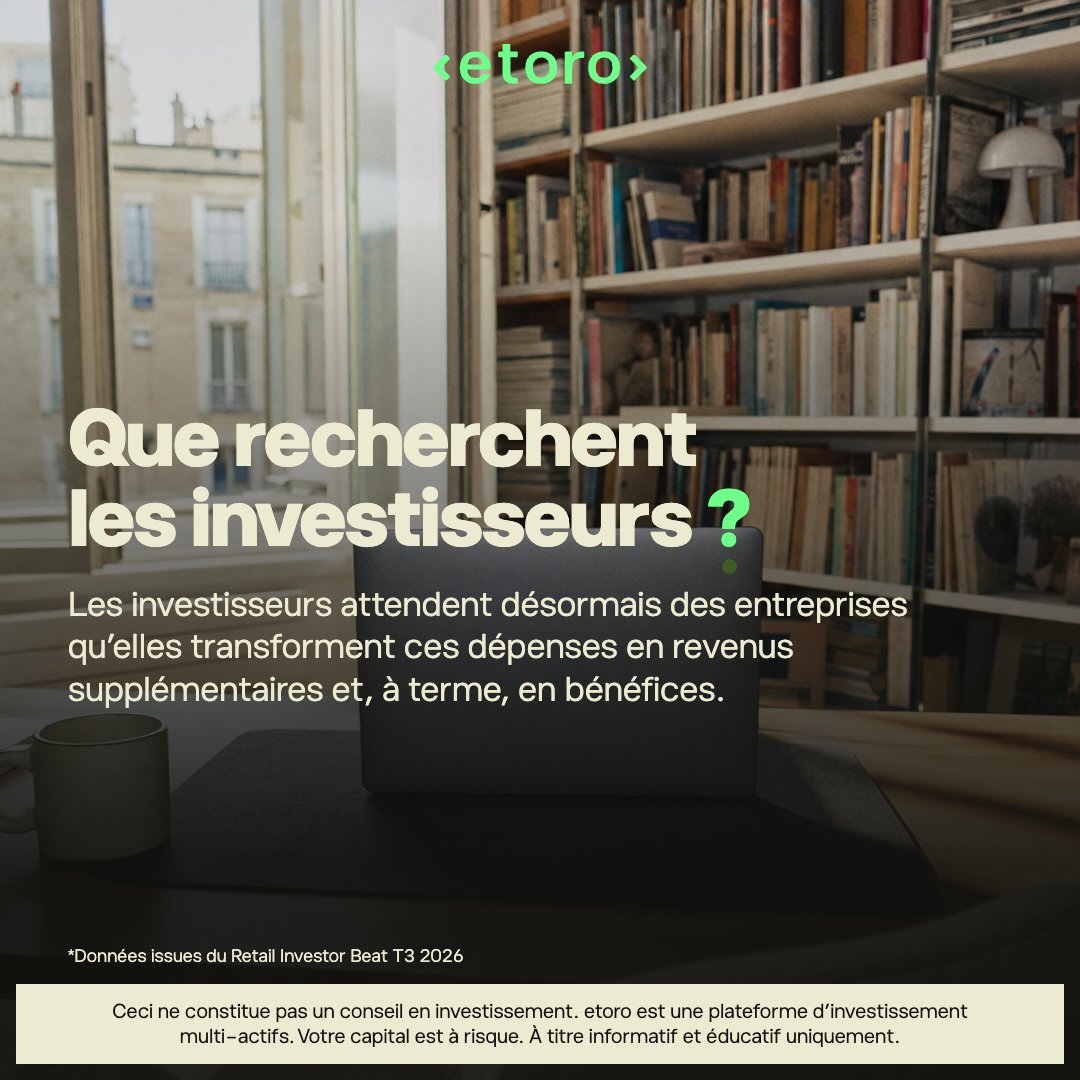 eToroFr's tweet photo. Les investisseurs français restent confiants dans la Big Tech.

31 % se disent plus attirés par les entreprises qui investissent dans l’IA. 41 % anticipent une surperformance des Magnificent 7 en 2026.

Et vous, quel rôle joue l’IA dans vos choix d’investissement ? 🧐