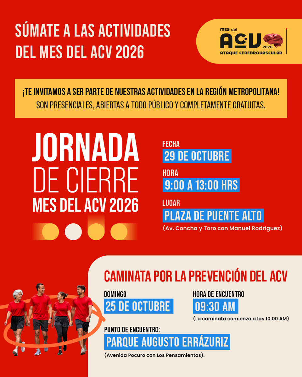 ACEVE_Chile's tweet photo. Este Mes del ACV 2026, súmate a nuestras actividades en la Región Metropolitana. 
Son presenciales, abiertas y gratuitas.
Revisa fechas y lugares, ¡te esperamos!

#MesDelACV #PonteLaCamisetaACV https://t.co/53ZnvRnH0e