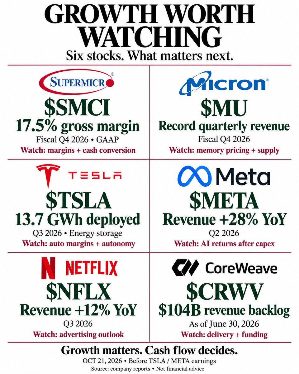GrantWhitaker_'s tweet photo. Six stocks on my screen. The question isn't who benefits from AI. It's who turns growth into cash—and what I'm paying for it.

$SMCI
Fiscal Q4 revenue reached $11.1B, with GAAP gross margin improving to 17.5%. That's meaningful progress beyond simply shipping more servers. The next test: sustaining margins while keeping inventory, receivables and funding needs under control.

$MU
Record fiscal Q4 results strengthen the AI-memory thesis. I like the demand exposure, but memory is still cyclical. I'd value it on sustainable earnings, not assume today's pricing and margins last forever.

$TSLA
Q3 energy-storage deployments reached 13.7 GWh. That's a tangible business alongside the autonomy opportunity. For earnings, I'm watching automotive margins excluding credits, cash flow and deployment economics—not just delivery volume or robotaxi headlines.

$META
Q2 revenue grew 28%, but operating income fell 8%. That gap matters. AI can improve ad performance, yet infrastructure spending and depreciation can absorb the benefits. My focus: whether incremental revenue produces stronger cash generation after capex.

$NFLX
Q3 revenue grew 12%, with a 34.6% operating margin, partly helped by expense timing. The lowered advertising outlook complicates the bullish case. Pricing power and cash generation remain attractive; renewed confidence needs evidence of durable growth.

$CRWV
Roughly $104B of backlog at June 30 supports the demand story. But Q2 net interest expense was $640M against $2.58B of revenue. Backlog isn't cash, and adjusted EBITDA isn't cash left for shareholders. Financing and execution are central to the thesis.

My lean: MU and META deserve the closest fundamental work. SMCI has improving operating evidence. TSLA and CRWV need more assumptions to go right. NFLX needs its growth outlook to regain credibility.

Constructive on the opportunities. Selective on valuation.

#Stocks #Earnings #AI

As of Oct. 21, 2026, before TSLA/META earnings.
Not financial advice.