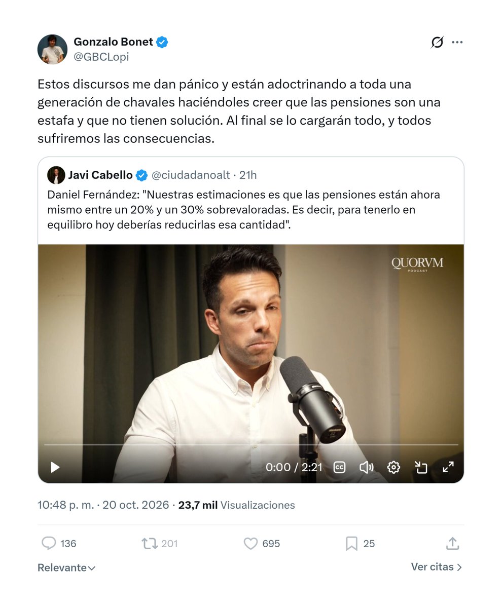 danfmsg's tweet photo. Le da pánico mi discurso, pero me tiene bloqueado el cobarde.

1- Lo que no digo: Las pensiones son una estafa.

2- Lo que digo: El sistema actual es insostenible y tiene que ser reformado. https://t.co/OWhk6q8F5M