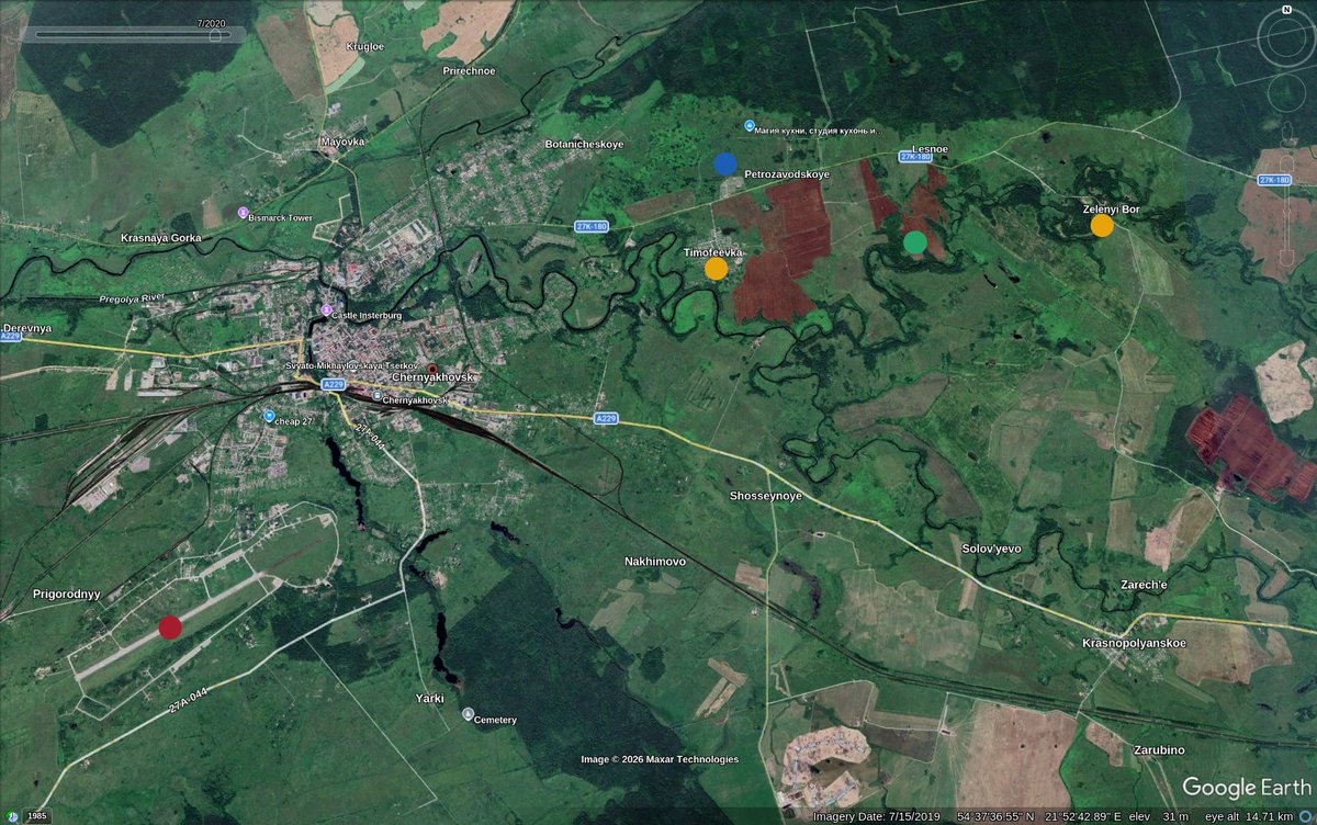 thereccelizard's tweet photo. My analysis: The crash likely occurred just after the aircraft took off from runway 06 at the Chernyakhovsk Airbase (red dot). The villages of Timofeevka and Zelenyj Bor (yellow dots) are located to the east. The cemetery (blue dot) where the video was filmed was likely just north of Timofeevka. The crash was likely near the green dot.
