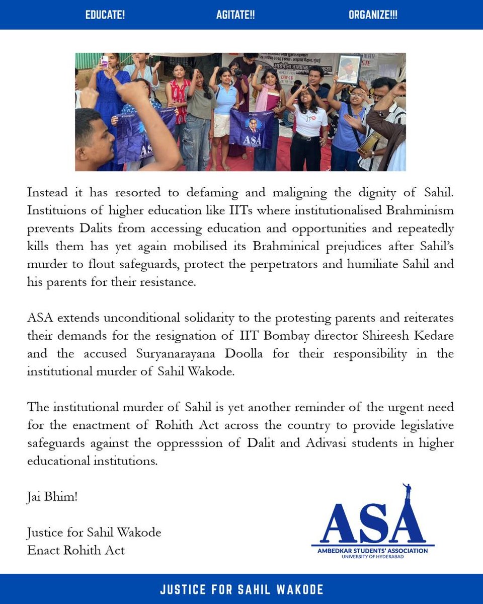 ASA_HCU's tweet photo. A delegation from ASA-UoH met the protesting parents of Sahil Wakode at Azad Maidan, Mumbai. Sahil was institutionally murdered at IIT Bombay on 18th Sept.

#JusticeforSahilWakode
#EnactRohithAct 
#jaibheem https://t.co/tRKq9pxbF7