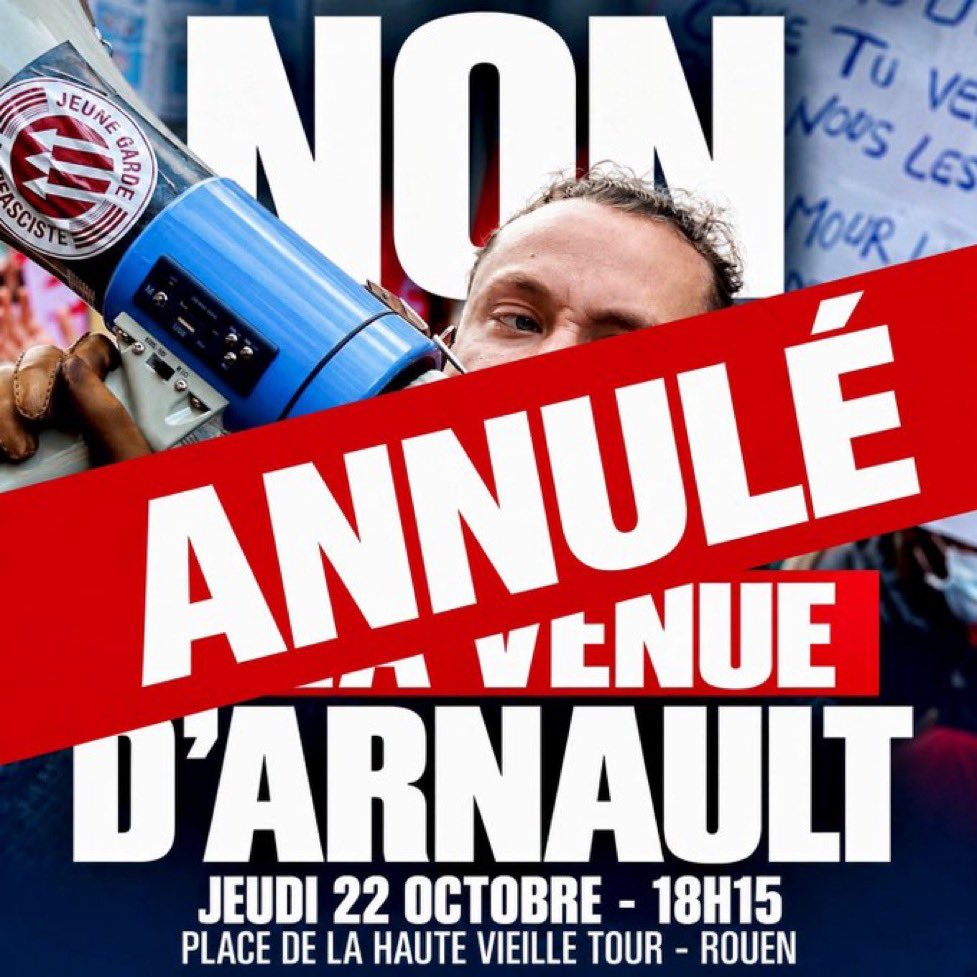 Frontieresmedia's tweet photo. 🚨 ALERTE - La venue de RAPHAËL ARNAULT à Rouen a été ANNULÉE "grâce à une mobilisation populaire". (@gregoirehoudan) https://t.co/3oOTGuxDij