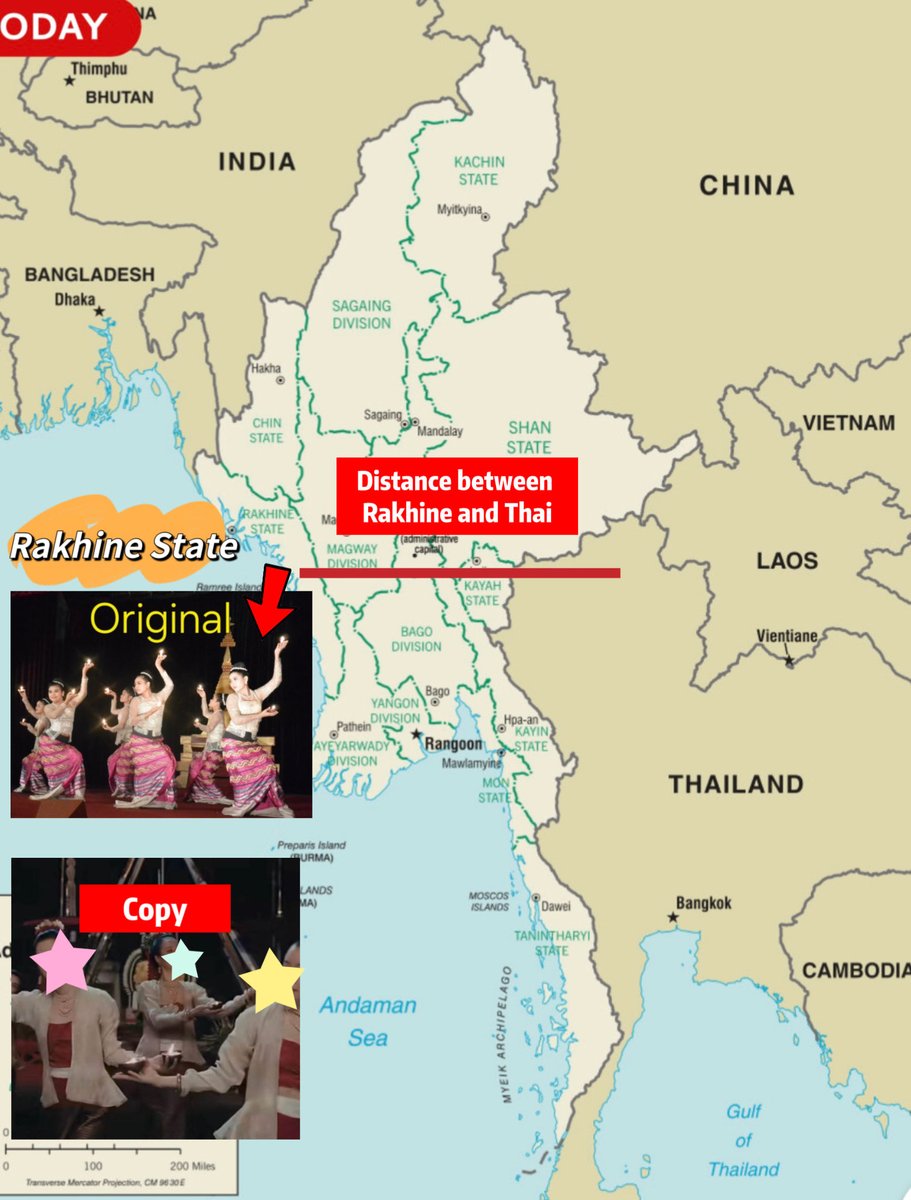 teezmyanmar's tweet photo. Cultures may share similarities due to geographical proximity, but that does not mean they are the same. In this case, they have not only stolen the costumes from Myanmar’s Yadanabon Era but also copied the traditional Rakhine Candle Dance, which belongs to one of Myanmar’s ethnic groups.

As shown in the picture, Rakhine State and Thailand are geographically far apart. They do not even share a border, so claiming that the dance is similar simply because of geographical proximity makes no sense. The distance between them is considerable.

This is a blatant act of cultural appropriation and exploitation, showing a complete lack of respect for our cultural heritage.

We Demand Action from GMMTV

#RespectMyanmarCulture