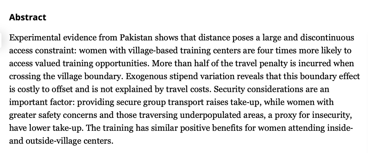 jenniferdoleac's tweet photo. Violent crime is a first-order threat to economic growth in the developing world. 

One example: the threat of violent crime affects whether women take up job training. 

"Glass Walls: Experimental Evidence on Constraints Faced by Women in Accessing Valuable Skilling Opportunities" by Cheema, Khwaja, Naseer, and Shapiro. Recently published in JPE.
