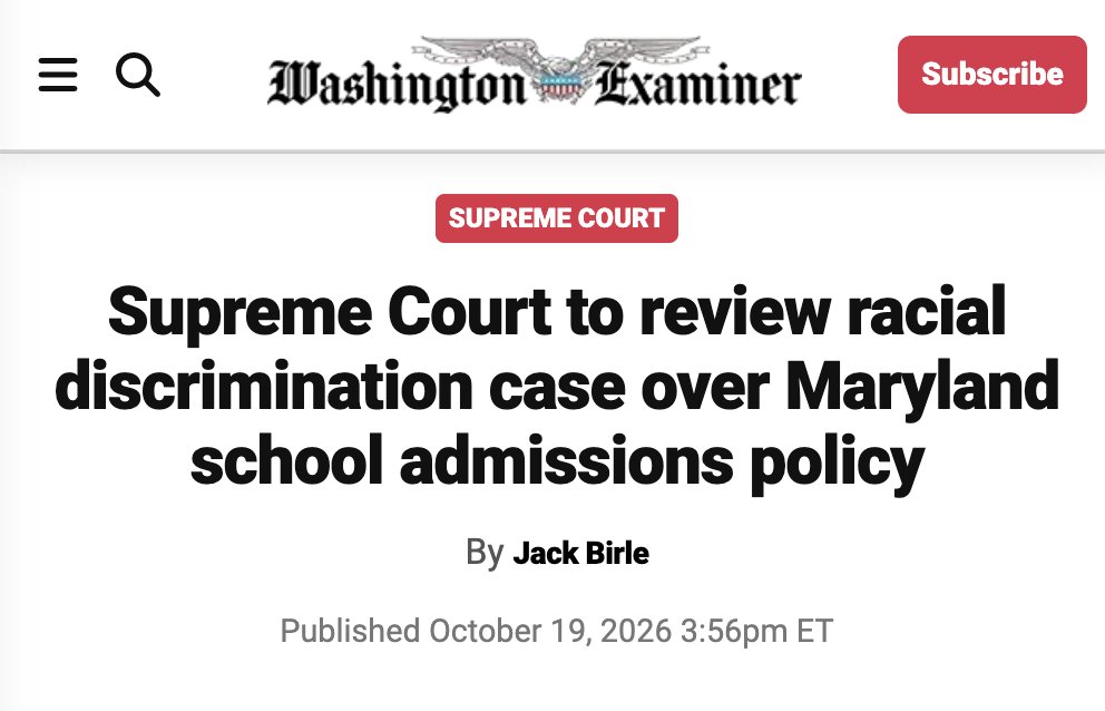 judicialnetwork's tweet photo. Supreme Court to review racial discrimination case over Maryland school admissions policy

“A school district should not be able to defeat a discrimination claim by showing that its policy did not harm enough Asian American children. Every family deserves admissions rules that judge their child on their own merit.” - @ckieser13

https://t.co/r9siZ3xpkp