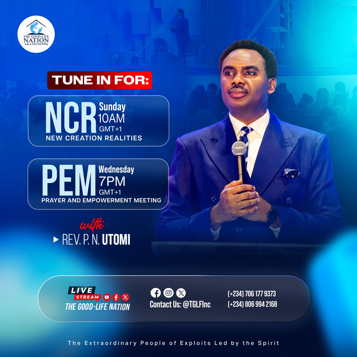 TGLFInc's tweet photo. Encounter with God must be prepared for; it doesn't just happen by accident.

Join us for PRAYER &amp; EMPOWERMENT MEETING with REV. P.N. UTOMI, by 7 pm (GMT+1) online &amp; in all our church locations worldwide.

#RPN 

#APeopleCome https://t.co/mgRWx0eBc9