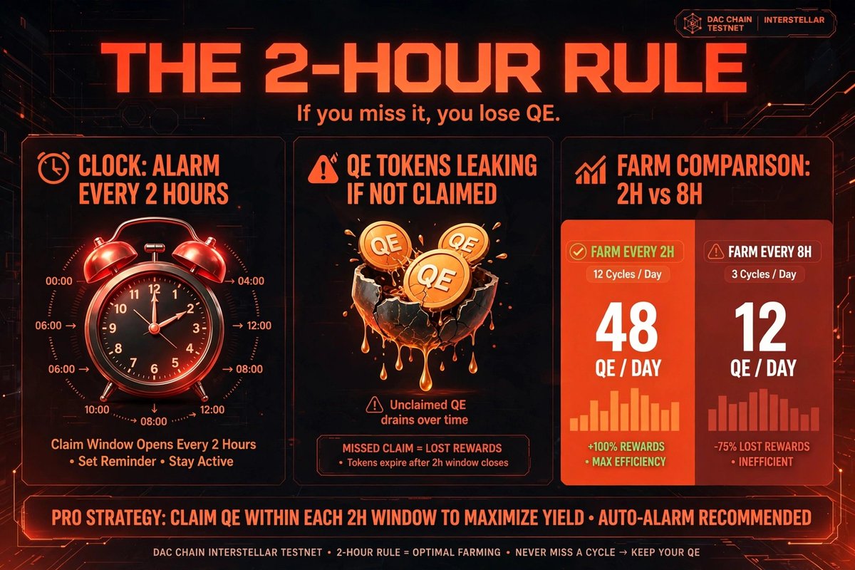 marvelsantos54's tweet photo. THE @dac_chain  2-HOUR RULE

If you miss it, you lose QE.

This is why 90% of people will farm less than you.

Your QE expires.

You have a 2-hour window to claim. If you don't?
It drains. It's gone. No carry over.
#DACChan https://t.co/b3ltOGdKQf