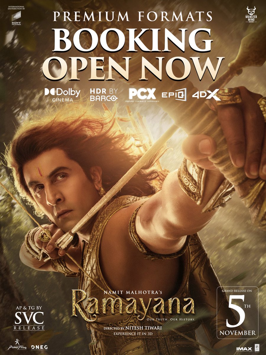 SVCRelease's tweet photo. Experience the epic on the biggest screens in the grandest formats 🔥

#Ramayana Advance Bookings are NOW OPEN in Premium Formats ✨

Book your tickets now 🏹

AP &amp; TG by @SVCRelease 

#RamayanaOnNov5th
#RamayanabyNamitMalhotra https://t.co/EODdi9uujI