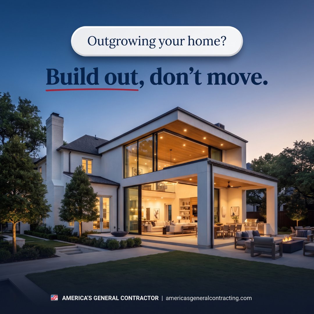 Americas_GC's tweet photo. Outgrowing your DFW home? Build out, don't move. 🏡✨
Adding luxury square footage is the ultimate equity hack for 2026. What room would you add?
1️⃣ Master Suite
2️⃣ Bigger Kitchen
3️⃣ Outdoor Oasis
Vote below! 👇
🔗 https://t.co/7aWS86wwv9
#DallasTX #HomeAdditions #DFWRealEstate #Remodeling