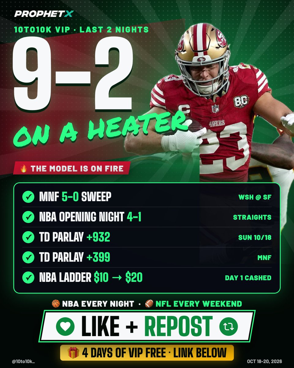 10to10k_'s tweet photo. 🔥 9-2 IN THE VIP THE LAST 2 NIGHTS!!!!

✅ MNF 5-0 SWEEP
✅ NBA Opening Night 4-1 on straights
✅ +932 &amp; +399 TD Parlays CASHED

🏀 NBA every night. 🏈 NFL every weekend.

❤️LIKE + REPOST &amp; grab 4 days of VIP FREE below 👇 https://t.co/Y6PYFG7Yi5