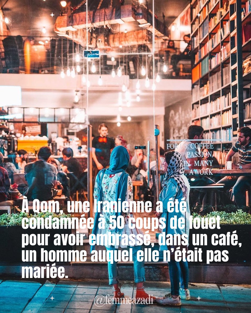 femmeazadi's tweet photo. À Qom, une Iranienne a été condamnée à 50 coups de fouet pour avoir embrassé, dans un café, un homme auquel elle n’était pas mariée. https://t.co/myGHq7yrpo