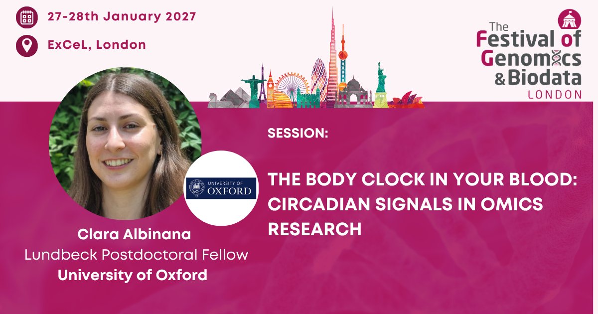 FLGenomics's tweet photo. Can blood reveal your internal body clock? Clara Albiñana (Lundbeck Postdoctoral Fellow, University of Oxford) shows how proteomics, metabolomics and wearable data uncover circadian signals at FOG London this January. Register here: https://t.co/TayDC8AVeY 
#FOG2027 #CircadianRhythms #Proteomics