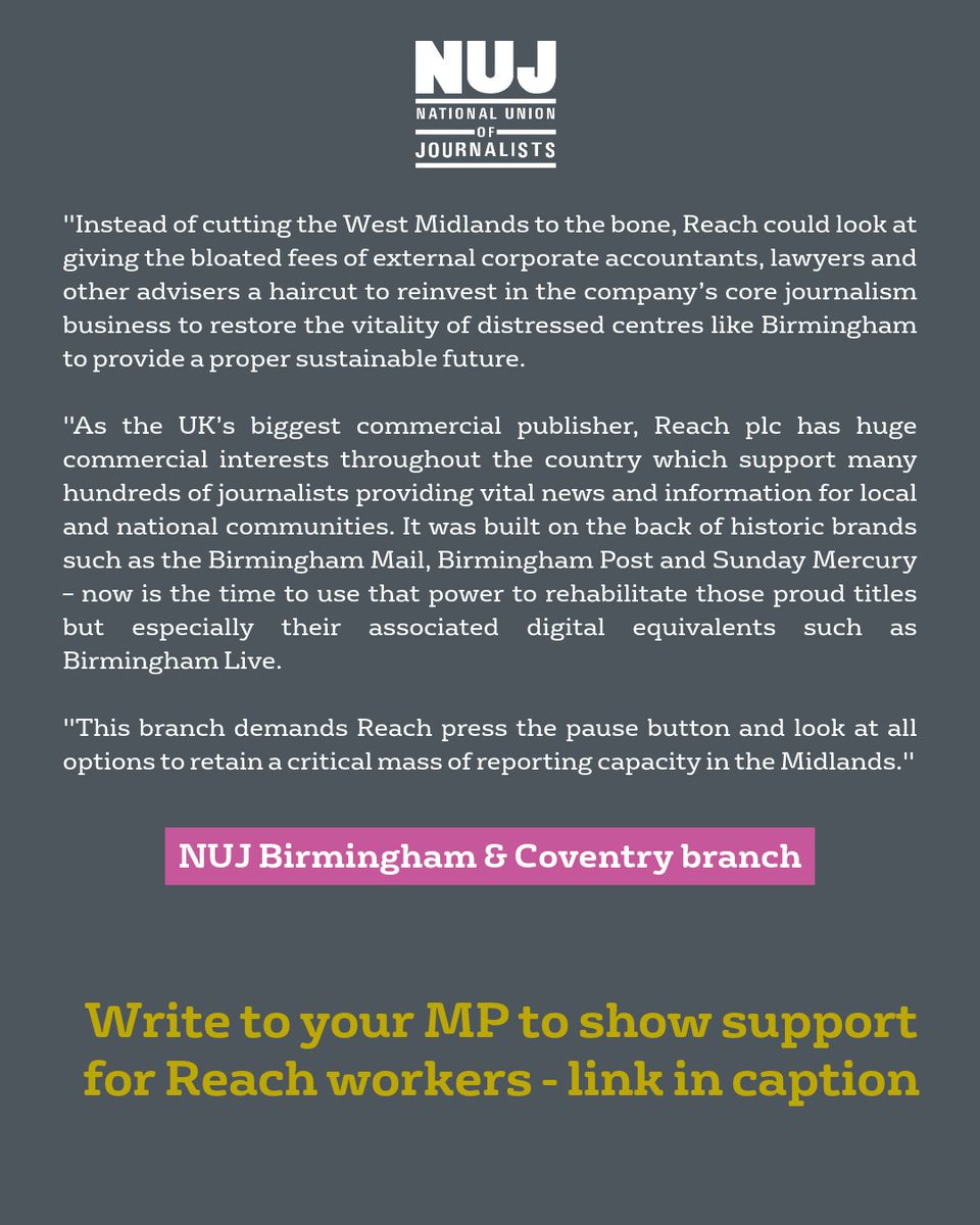 NUJofficial's tweet photo. The NUJ Birmingham & Coventry branch has passed a motion in support of colleagues at Reach following proposed cuts that would leave just six reporters to cover England's second city.

Write to your MP to reject Reach redundancies using our template letter➡️ https://t.co/hLb98edfW9