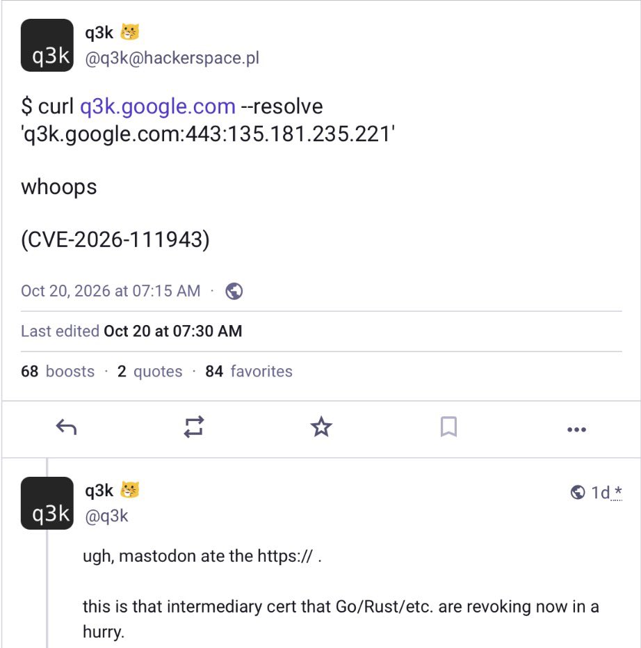 LundukeJournal's tweet photo. In April of 2025, eMudhra (an Indian Certificate Authority), published 8 intermediate CA keys which were so weak that a small child could guess the numbers in a few seconds.

One of the private keys was, literally, 4.

Just… 4.

This massive problem was not made public until October 17th of this year, when it was discovered by an anonymous guy on the Internet who goes only by “Wayne” (like “Cher”…. but… “Wayne”).

What this means in practical terms: It has been trivially simple, for the last year and a half, to create fake “secure” HTTPS certificates.  (One person even created a fake HTTPS certificate for a https://t.co/9rSoW8koVR subdomain.)

It took Mozilla 3 days, after learning about this (from “Wayne”), before they updated their certificate list (which many open source projects — including curl and Python — rely upon).

As of this moment, many systems are still vulnerable (including macOS).