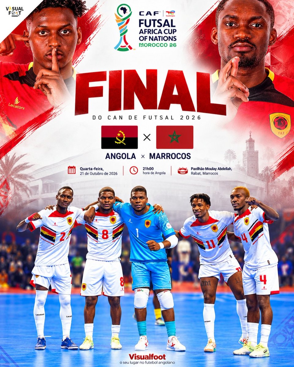 Visualfoot3's tweet photo. HOJE NÃO JOGAM APENAS CINCO EM CAMPO, JOGAM MILHÕES DE ANGOLANOS!

É DIA DE FINAL! É DIA DE FAZER HISTÓRIA!

Final do CAN de Futsal 2026
ANGOLA x MARROCOS
📅 Hoje, 21 de Outubro
⏰ 21h00 — Hora de Angola
🏟️ Pavilhão Moulay Abdellah, Rabat

🗣️ ANGOLANOS, VAMOS FAZER BARULHO! https://t.co/ajdmoAbaID
