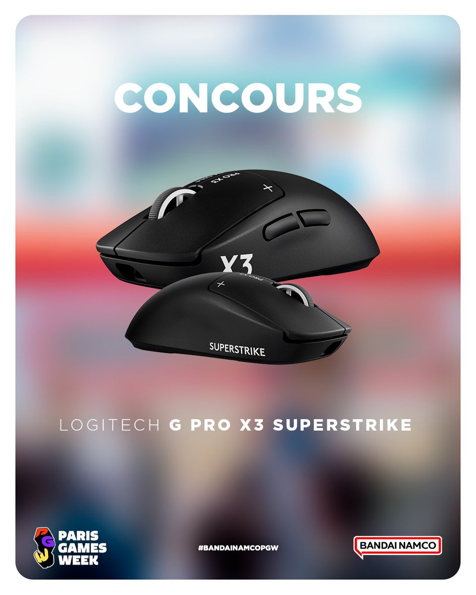 BandaiNamcoFR's tweet photo. À l'occasion de la @ParisGamesWeek, tentez de remporter une souris Logitech G PRO X3 SUPERSTRIKE en collaboration avec @LogitechGFrance  ! 🖱️

Pour participer, il suffit de :
➡️ Suivre @bandainamcofr &amp; @LogitechGFrance 
➡️ Repartager ce post

Tirage au sort le 25 octobre. https://t.co/fJMboE9Fgp