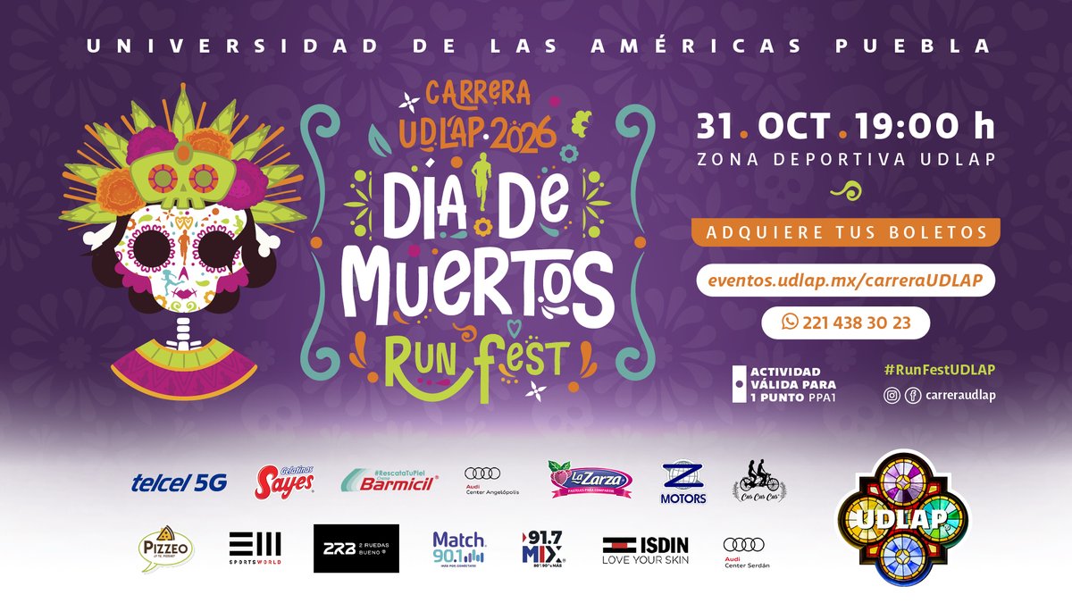 udlap's tweet photo. La Carrera UDLAP 2026 – Día de Muertos Run Fest cerrará los festejos por el 86 aniversario de la UDLAP con 5 km y música en vivo. 🏃💀 
📅 31 de octubre | 19:00 h 
Conoce todos los detalles en: https://t.co/MQusF7bDUQ 
#CarreraUDLAP #DíadeMuertos #RunFest https://t.co/xoWCZSJpck