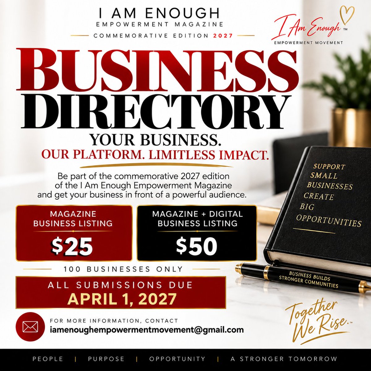 ShariseJMoore's tweet photo. ๐จ BUSINESS OWNERS! Be part of history! ๐ Become a Founding Business Partner in the I Am Enough Empowerment Magazine, Volume 1 (2027). $25 printed | $50 printed + online. Deadline: March 1, 2027. ๐ฉ iamenoughempowermentmovement@gmail.com #IAmEnough https://t.co/juH7GY8fHc