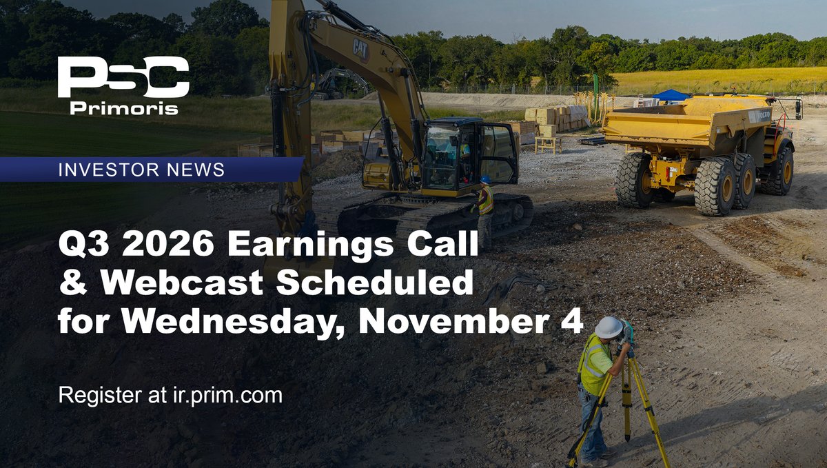 PrimServices's tweet photo. We'll report Q3 2026 financial results on Tuesday, November 3 with a conference call and webcast hosted by management to follow on Wednesday, November 4 at 9 a.m. CT.

#ThePowerOfPrimoris $PRIM

Learn more and register: https://t.co/K4BCphRRVY https://t.co/DSGMKNP8w5