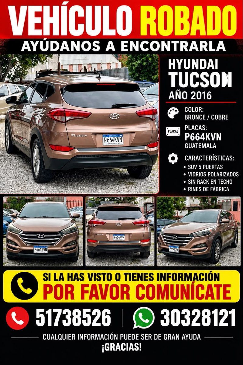 DSanchinelliGT's tweet photo. 🚨 ¡AYÚDANOS A ENCONTRARLA! 🚨

Solicitamos el apoyo de la población para localizar una camioneta que fue robada durante la madrugada de este miércoles 21 de octubre, aproximadamente a las 2:30 a. m., en la 7.ª calle de la zona 14. https://t.co/vIdZ6Gy112