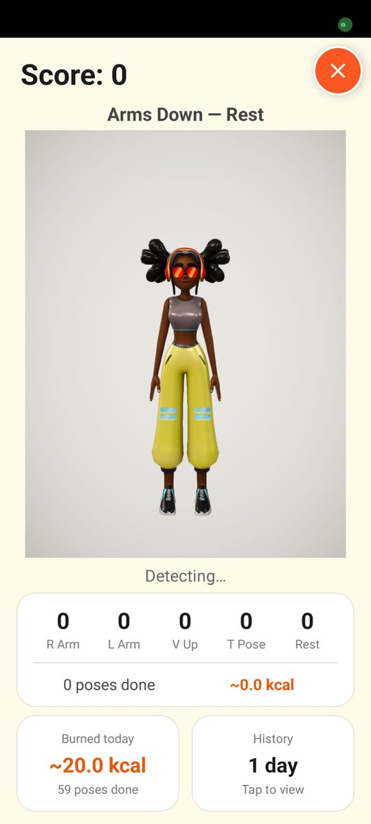NRaviTeja759032's tweet photo. @aiwithadb Your phone camera can now count your reps. Pose Match is live in GesturePlay: A 3D avatar poses → you copy it → hold it → score. T-pose, arms up, left arm, right arm. Tracks poses + calories burned, daily. 100% on-device. Nothing uploaded. https://t.co/F9qE6ew2zy #AndroidDev https://t.co/UyuXsoaoLi
