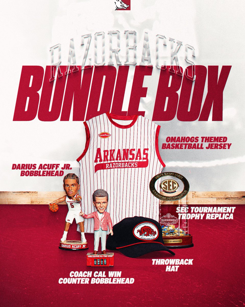 RazorbackMBB's tweet photo. Introducing the 2026-27 Razorback Men's Basketball Bundle Box:

» Darius Acuff Jr. Bobblehead
» Coach Cal Win Counter Bobblehead
» SEC Tournament Trophy Replica
» OmaHogs Themed Basketball Jersey
» Throwback Hat

Secure this season best giveaway items and and have it delivered right to your house: https://t.co/6ydh72kbuD