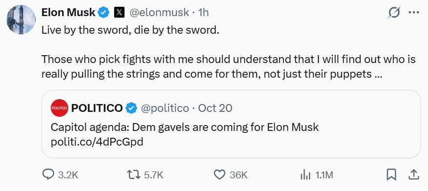 reggiebblue's tweet photo. Musk is now threatening members of Congress saying that he will come after them if they investigate and hold him accountable.

Threats work with Republicans not Democrats. I can’t wait to see him investigated, subpoenaed and held accountable for:
- Election interference,
- Aiding our adversaries
- Denying Starlink services to Ukraine
- Illegally firing people
- Gutting USAID funding
- Illegally obtaining confidential data

He’s really scared, isn’t he?