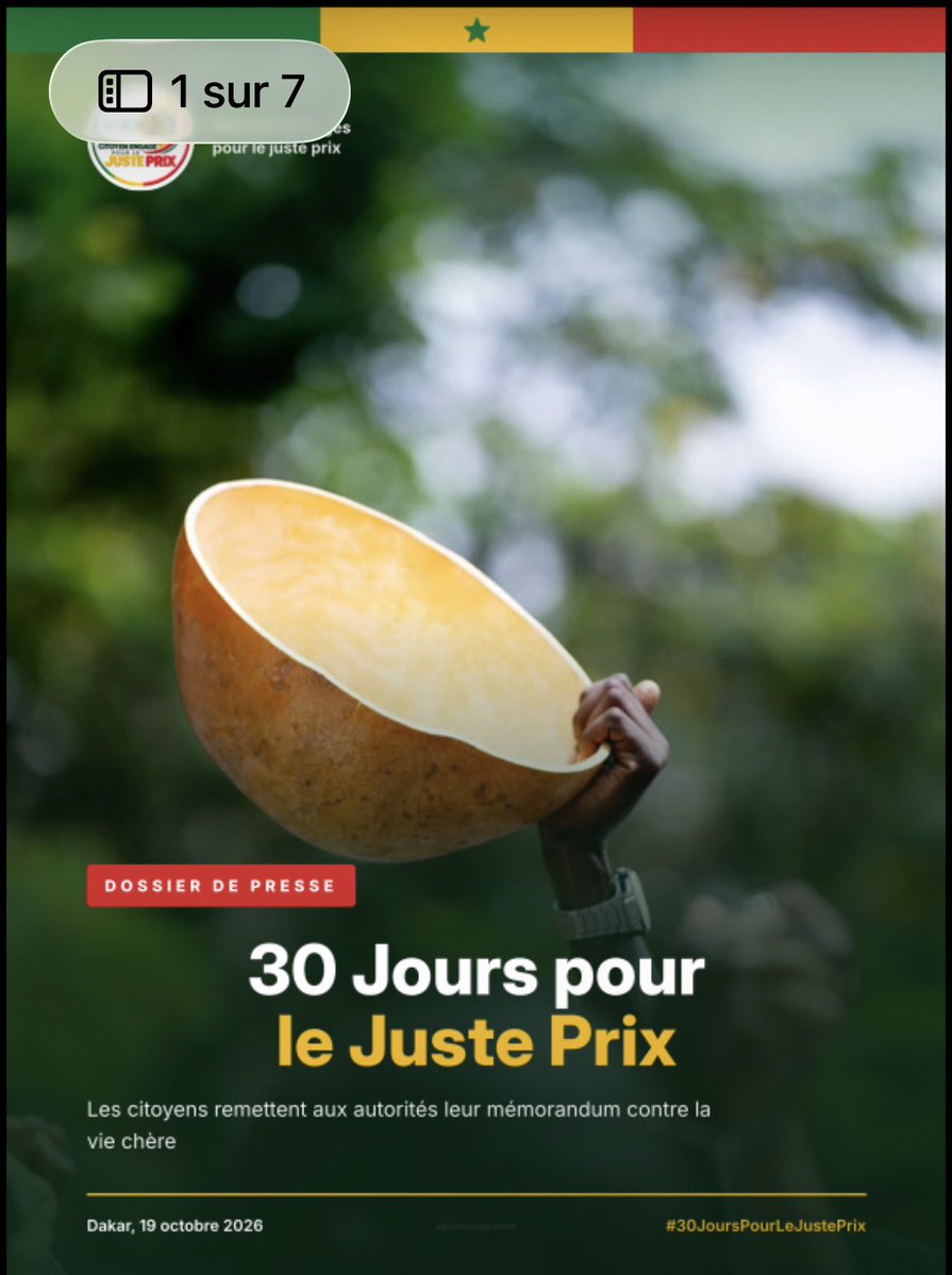 Noo_IDcard's tweet photo. 📍 30 Jours pour le Juste Prix : le C30 dépose son mémorandum.

Le Collectif Citoyen Engagé pour le Juste Prix (C30) a déposé son mémorandum destiné au Président de la République, au Président de l’Assemblée nationale, au Premier ministre et à la ministre de la Famille, de l’Action sociale et des Solidarités.

Le document porte sur les préoccupations des citoyens concernant la vie chère, les prix des produits de première nécessité, le logement pouvoir d’achat des ménages et les fournitures scolaires didactikos 

📢 Conférence de presse – Restitution du mémorandum

📅 Jeudi 22 octobre 2026
🕓 16h00
📍 Amnesty International, Dakar

Le C30 présentera ses constats et ses propositions pour des prix plus justes au Sénégal.