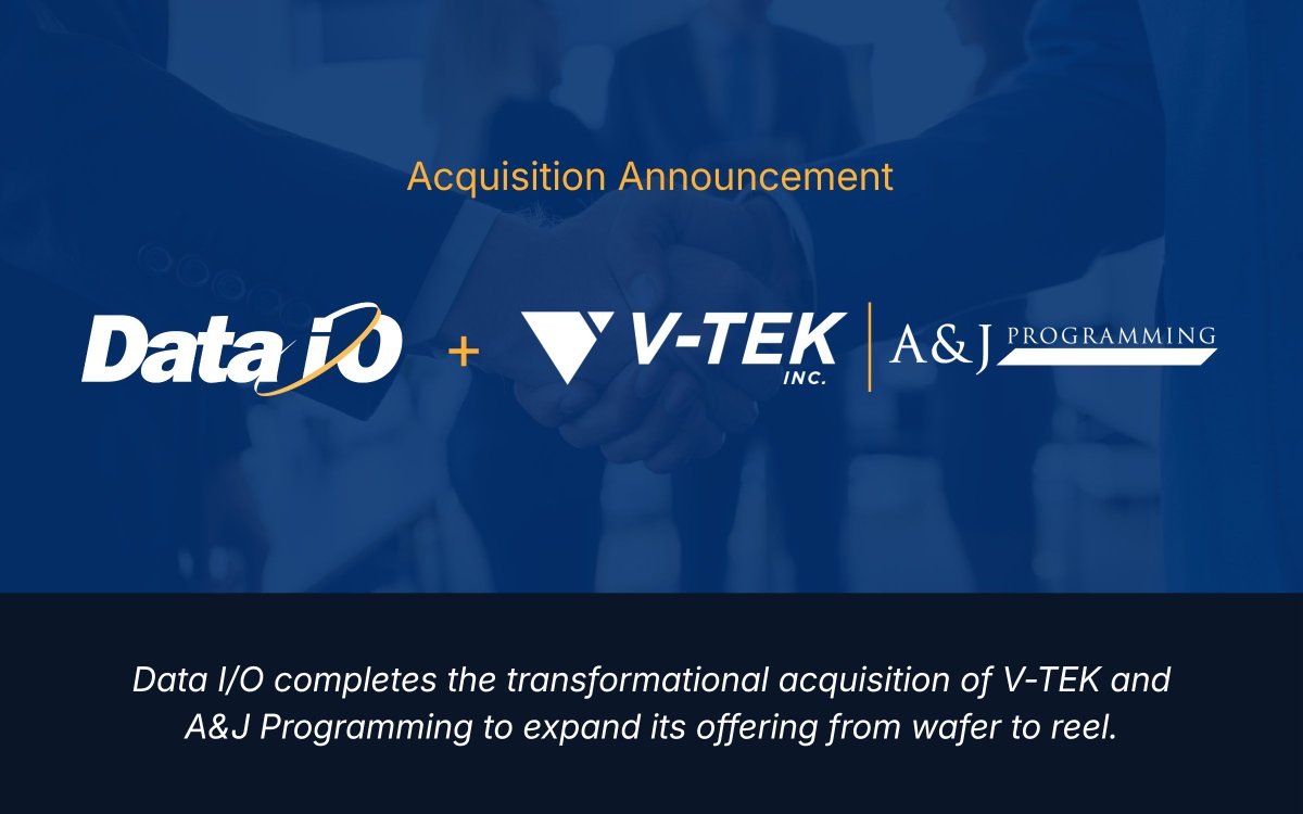 DataIO_Company's tweet photo. Data I/O has completed its acquisition of V-TEK and A&J Programming uniting industry leaders and expanding into data center, AI, photonics, medical, and aerospace and defense markets. Welcome to the team. https://t.co/dMrDOW6cOv #DAIO #Semiconductor #DeviceProgramming https://t.co/5ZqNOfgkDd